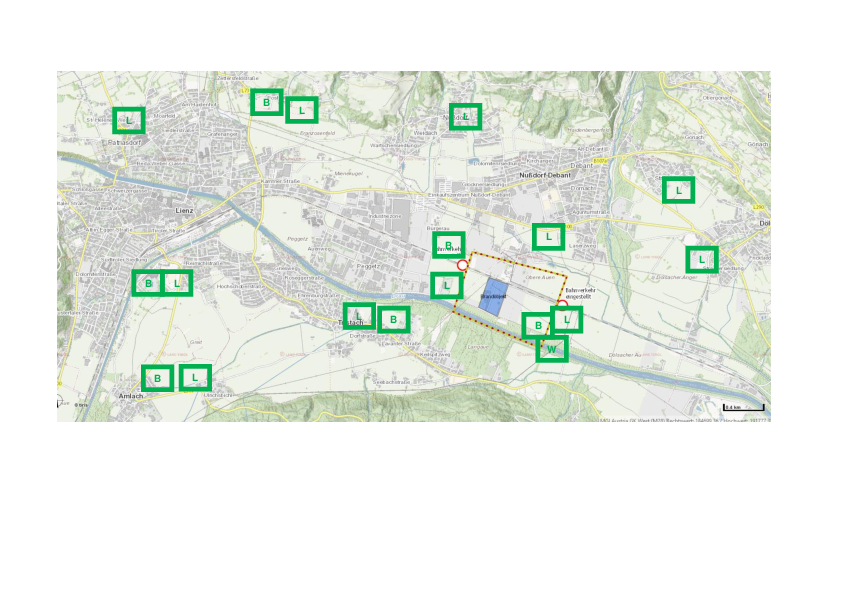 &Uuml;bersicht der 18 Probenstandorte (L=Luft, B=Boden, W=Wasser) der Taskforce M&uuml;nchen @ Land Tirol