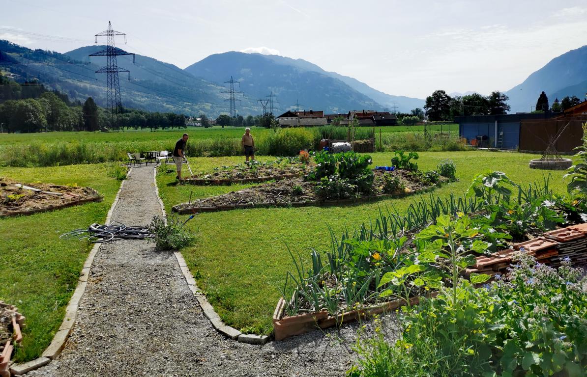Der Garten wurde einer Sonnenblume nachempfunden, die Gemeinschaftsbeete in Form eines Blattes befinden sich entlang des Hauptweges