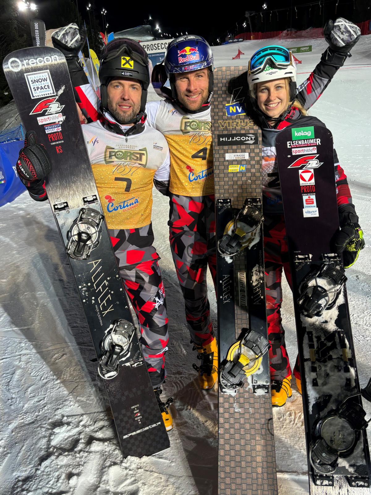 Das erfolgreiche &Ouml;SV-Snowboardteam: Andreas Prommegger, Benjamin Karl, Sabine Sch&ouml;ffmann. Foto: Snowboard Team Austria, Karlheinz Wieser