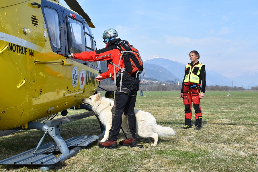 Zun&auml;chst trainierten die Vierbeiner das Ein- und Aussteigen, sp&auml;ter geht es in die Luft.