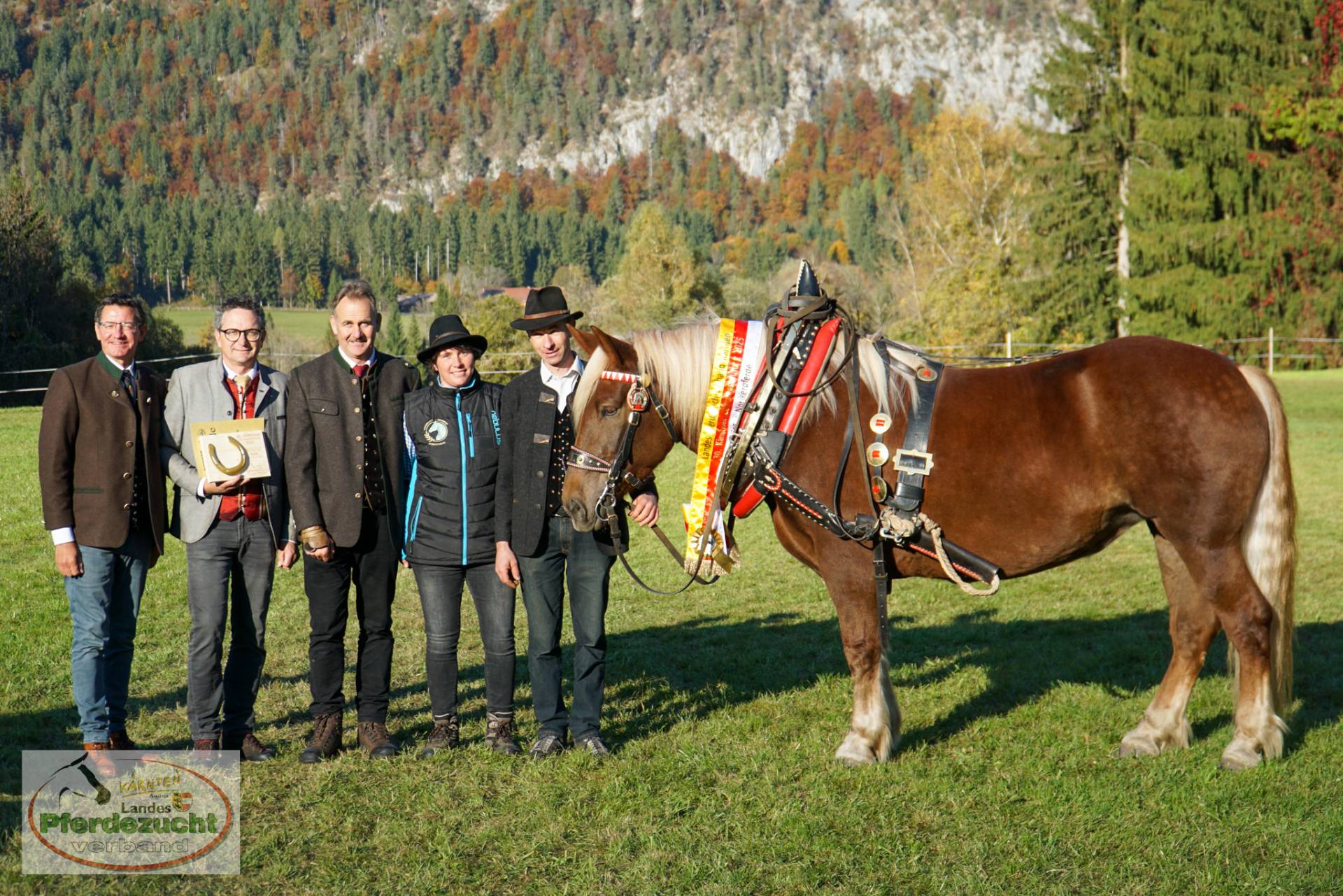 LK-Chef Siegfried Huber, Manfred Lientschnig, Landesobmann Marjan Čik, Katharina Zankl (Vorf&uuml;hrerin) und Josef Lusser mit &bdquo;Lanz-Svenja&ldquo; am Reiterhof Golz im Gitschtal. Fotos: Landes-Pferdezuchtverband K&auml;rnten