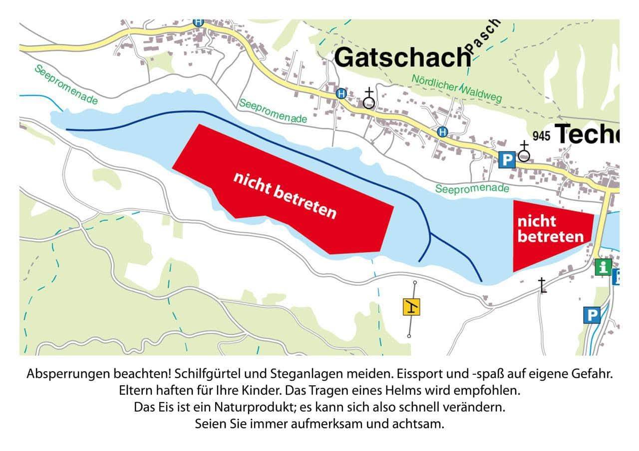 Eine rund 2 km lange Eisbahn wurde freigegeben, aber noch immer gibt es gro&szlig;e Fl&auml;chen, die nicht betreten werden k&ouml;nnen, da Einbruchgefahr. Grafik: Gemeinde Wei&szlig;ensee
