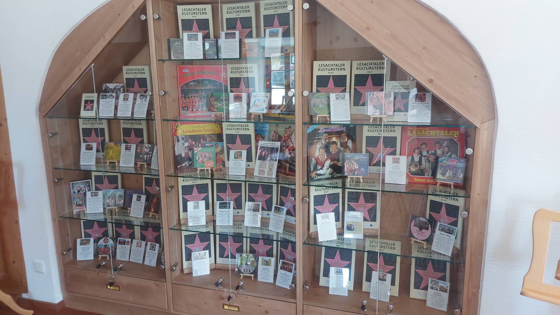 In mehreren Schauk&auml;sten sind B&uuml;cher, Schallplatten, CDs, DVDs, mit Infos versehen, ausgestellt.  Foto: k.brunner
