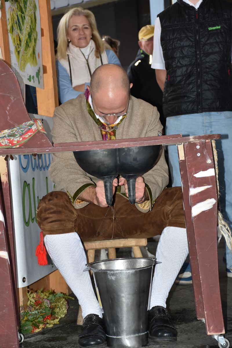 B&uuml;rgermeister Josef Zoppoth beim Wettmelken.