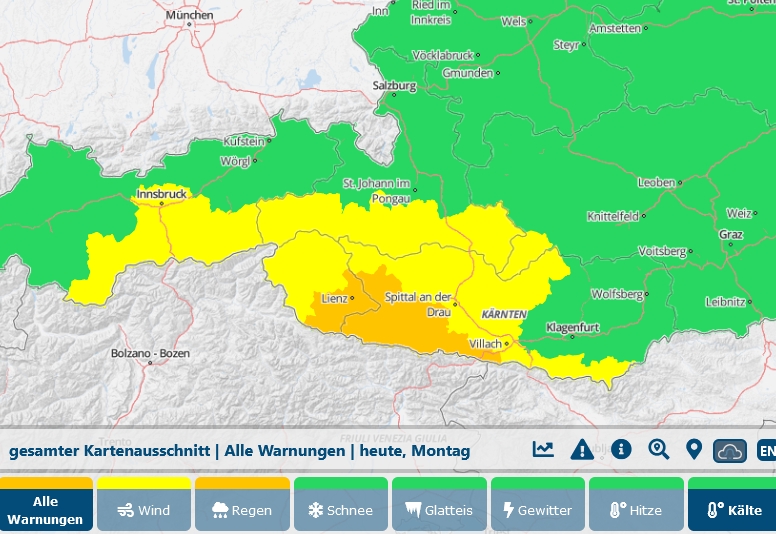 Regenwarnung f&uuml;r S&uuml;den von Osttirol und Oberk&auml;rnten