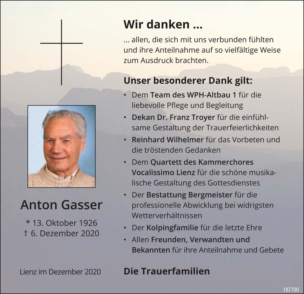 Anton Gasser Schuhmachermeister i.R. 