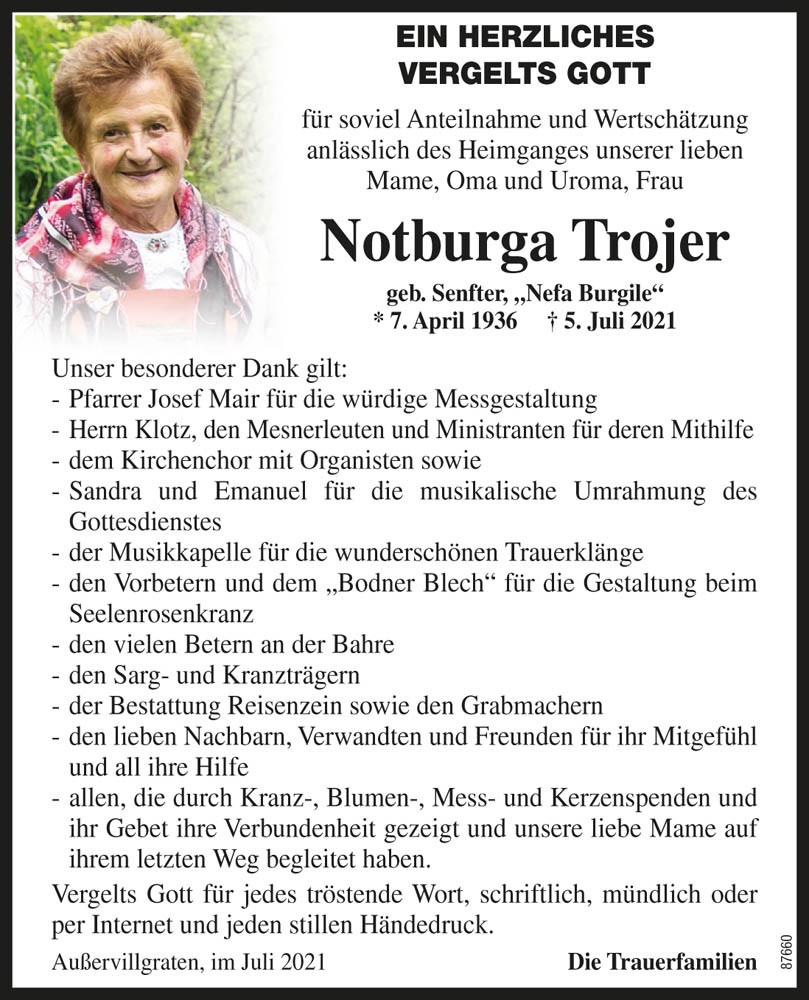 Notburga Trojer, geb. Senfter "Nefa Burgile" 