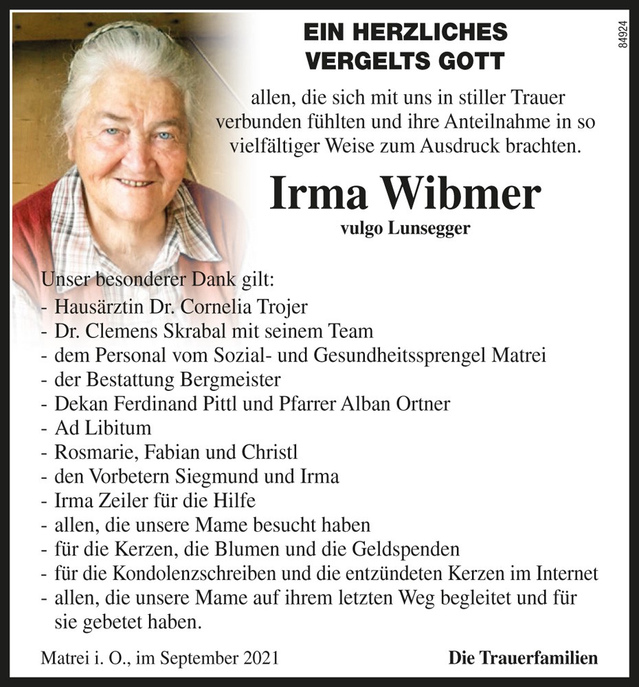 Irma Wibmer, vlg. Lunsegger, geb. Resinger