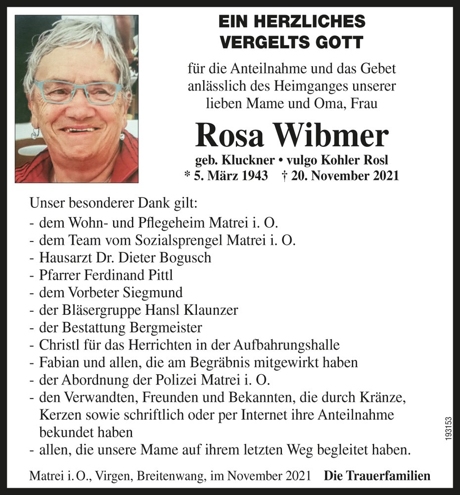 Rosa Wibmer, geb. Kluckner, "Kohler Rosl"