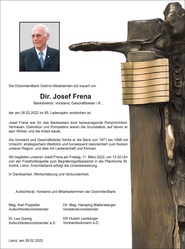 Josef Frena, Bankdirektor i.R.