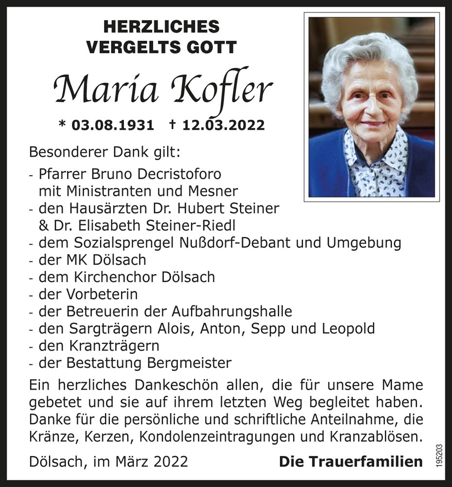 Maria Kofler, geb. Holzer, &bdquo;P&ouml;schl Maridl&ldquo;
