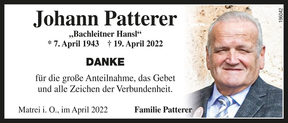 Johann Patterer, "Bachleitner Hansl", B&auml;ckermeister i.R.