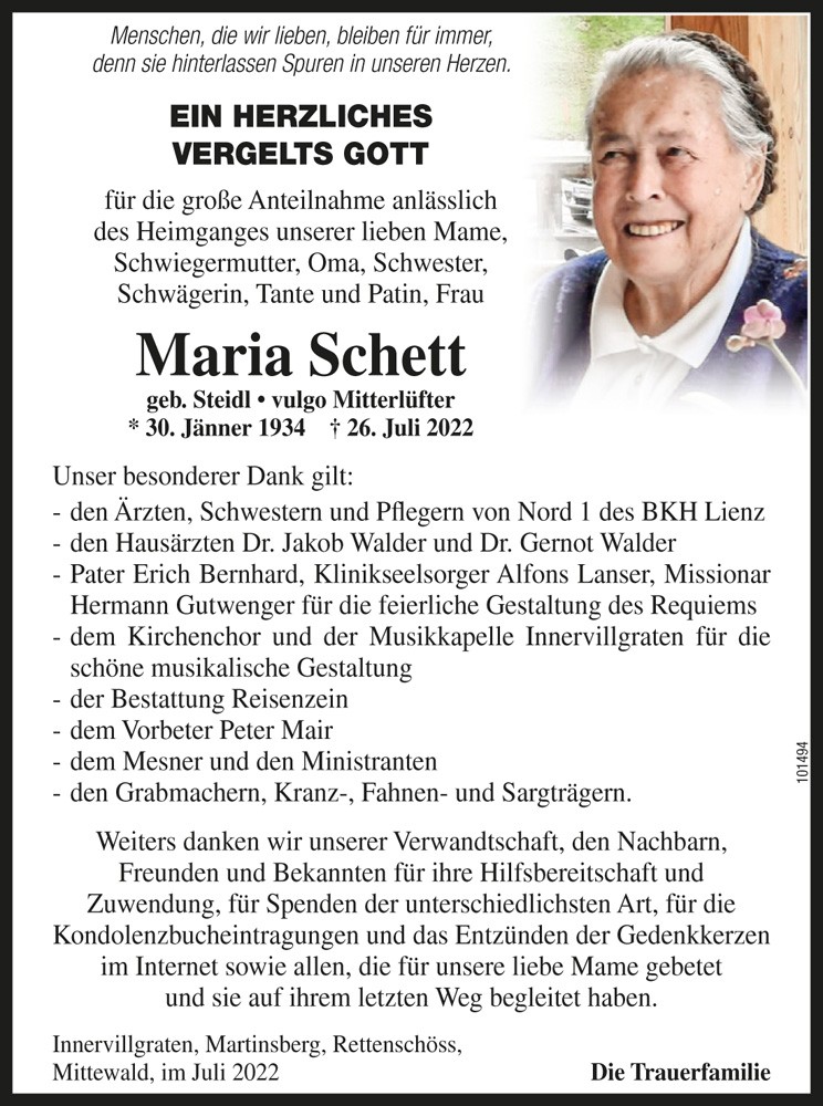 Maria Schett, geb. Steidl, vlg. Mitterl&uuml;fter
