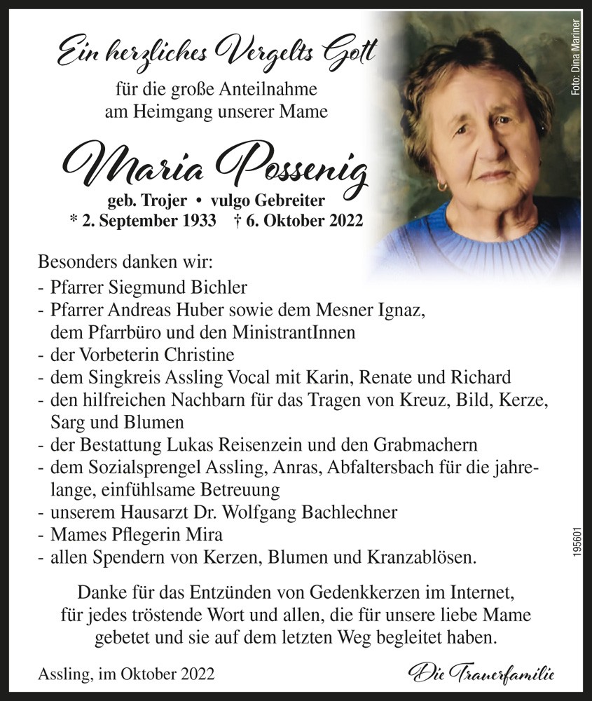 Maria Possenig, geb. Trojer, vlg. "Gebreiter"