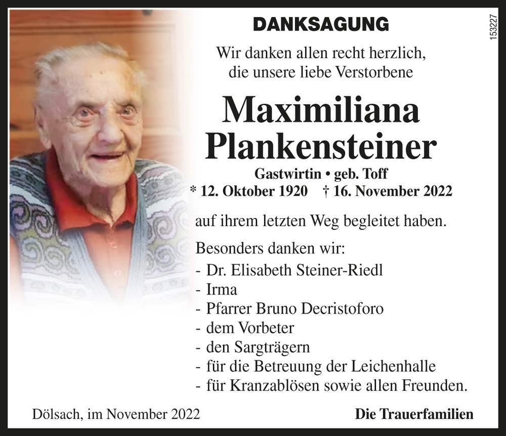 Maximiliana Plankensteiner, geb. Toff, Gastwirtin