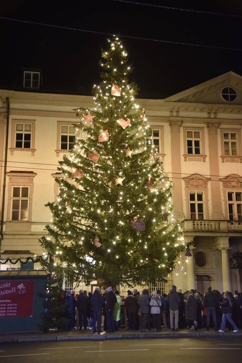 Pr&auml;chtig steht der Katschtaler Christbaum am Mirabellplatz.